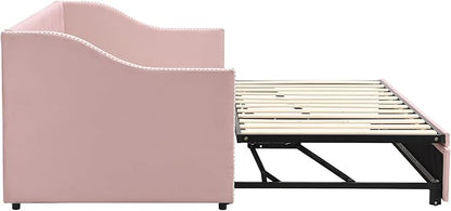 Merax Twin Size Upholstered Velvet Daybed with Pop Up Trundle, Multi-Functional Sofa Bed with Backrest and Two Armrest for Kids Room, Guest Room, Living Room,Pink