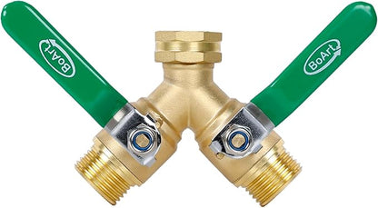 BoArt Brass Garden Hose Splitter 2 Way Heavy Duty, Y Valve Hose Splitter With Stainless Steel Long Handle, 3/4" GHT Thread Y Valve Water Garden Hose Tap Adapter