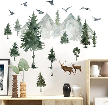 Watercolor Mountain Pine Tree Wall Decals Forest Tree Woodland Deer Birds Wall Stickers for Kids Bedroom Newsery Living Room Wall Decor