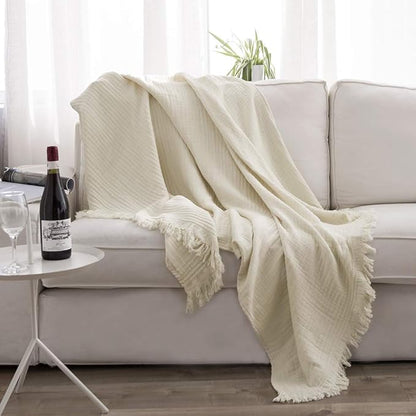Simple&Opulence Cotton Muslin Throw Blanket for Bed, Couch, Knit Woven Gauze Blanket with Tassels, Soft Lightweight Cozy Pre-Washed Breathable Farmhouse Decoration for All-Season (Cream)