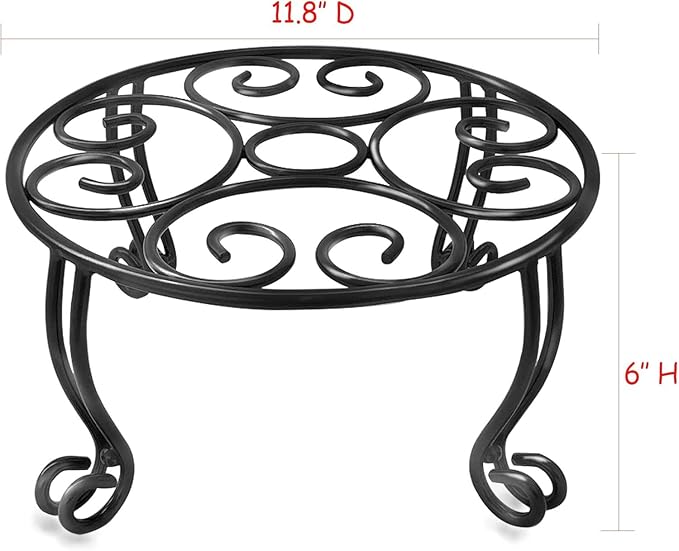 2 Pack Heavy Duty Iron Plant Stand, 11.8'' Diameter, 6'' Tall, Black, Powder Coated, Round, Sturdy & Stable, Indoor/Outdoor, No Assembly Required