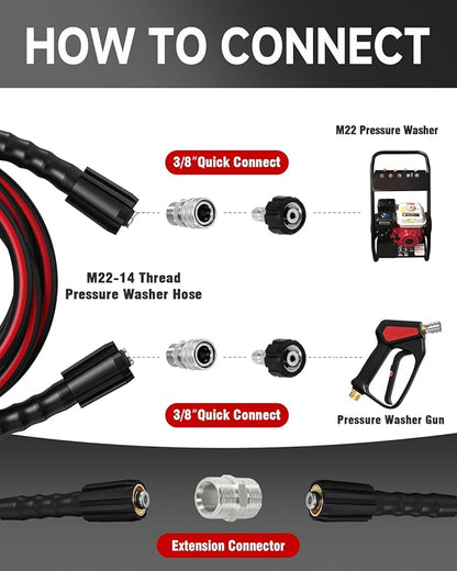 Flexible Pressure Washer Hose 50 FT, 3600 PSI Kink Resistant Power Washer Hose Replacement, 1/4" electric Washer Hose Extension With M22 x 3/8" Quick Connector