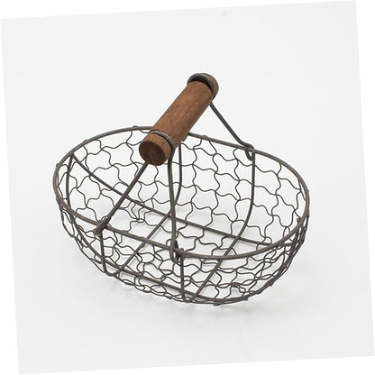 2pcs Farmhouse Style Wire Egg Basket with Wooden Handle, Small Metal Mesh Storage Basket for Kitchen Fruit, Bread, and Egg Organization in Gray Black