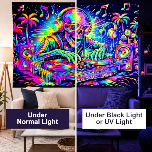 Blacklight Tapestry DJ Skeleton Wall Art 78 x 59 Inch