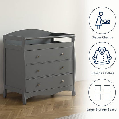 Karl home Changing Table Dresser Baby Diaper Changing Station Infant Nursing Table with 3 Drawers, Safety Rail & Strap for Bedroom, Nursery, Gray