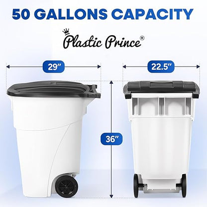50 Gallon Trash Can, White Outdoor Garbage Can, Wheeled Outside Trash Bin Outdoor with Lid and Wheels Large Rolling Trash Can, Garbage Can with Wheels for Home, Office, Garage