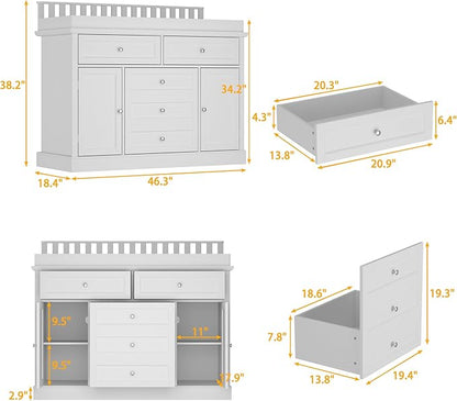 Nursery Dresser with Changing Table Top, 46" W Baby Dresser with 2 Drawers, Laundry Basket & Raised Guard, Infant Diaper Changing Storage Organize Station for Nursery and Baby Bedroom, White