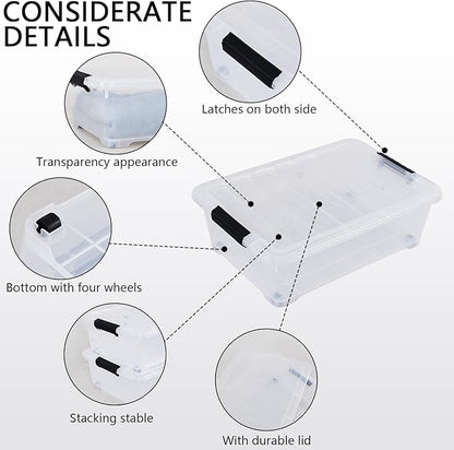 4-Pack 20 L Plastic Under Bed Storage Container with Lids, Underbed Clear Storage Bin with Wheels