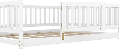 Full Size Floor Bed Frame with Door and Slats,Montessori Floor Bed with Safety Guardrails for Girls Boys,Solid Wood Kids Montessori Bed Full Size,White