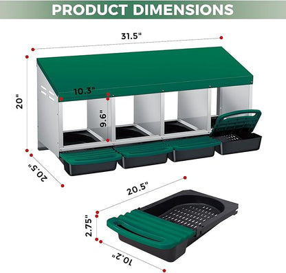 4 Compartment Metal Chicken Nesting Box, Automatic Roll-Out Egg Collection, Waterproof Galvanized Steel Laying Box with Perch & Wall Mount, for Hens Ducks Rabbits