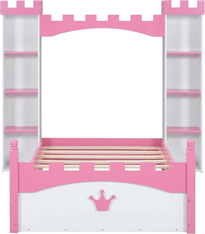 Castle-Shaped Wooden Platform Bed with Storage Shelf, Dreamy Twin Size Kids Platform Bed for Girls Boys Bedroom, Sturdy Slats Support (White+Pink Castle)