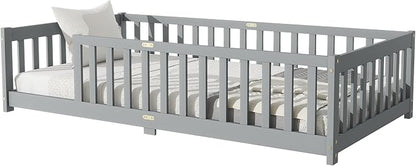 Twin Size Montessori Floor Bed for Kids,Twin Floor Bed Frame with Slats,Solid Wood Twin Bed Frame for Girls Boys,Grey