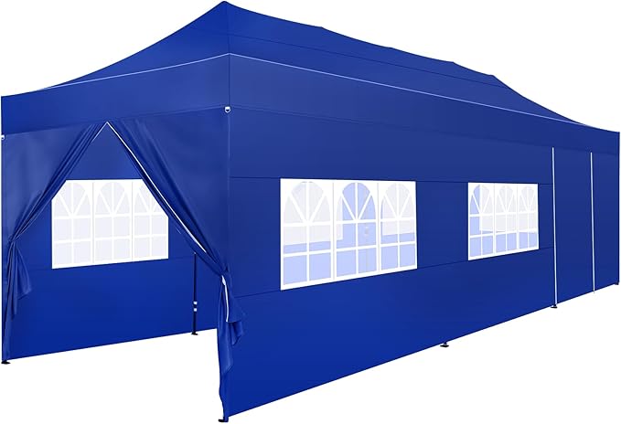 COBIZI 10x30 Pop Up Canopy with 8 Sidewall,Heavy Duty Canopy UPF 50+ All Season Wind Waterproof Commercial Outdoor Wedding Party Tents for Parties Canopy Gazebo with Roller Bag(10 x 30 ft Dark Blue)