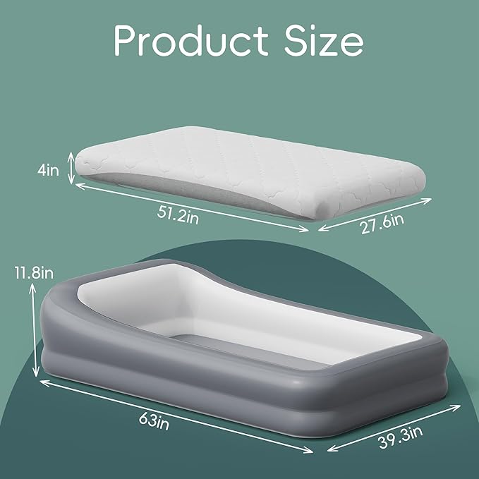 Inflatable Toddler Travel Bed, Portable Kids Air Mattress with Soft Bed Sheet, Toddler Air Mattress with Surround Safety Bumpers, Ideal for Home Use or Travel, Includes Pump and Carry Bag