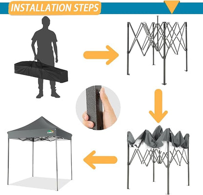 COBIZI 6.6x6.6 Pop Up Canopy Without Sidewall,Heavy Duty Canopy UPF 50+ All Season Wind Waterproof Commercial Outdoor Party Tents for Parties Canopy Gazebo with Storage Bag(6.6 x 6.6 ft Gray)