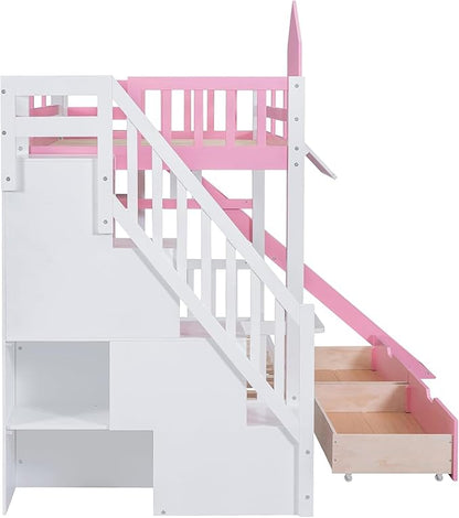 MERITLINE Twin Over Twin Castle Bunk Bed with Slide,Stairs and Drawers,Solid Wood Floor House Princess Bunk Bed with Storage Shelves (Pink)