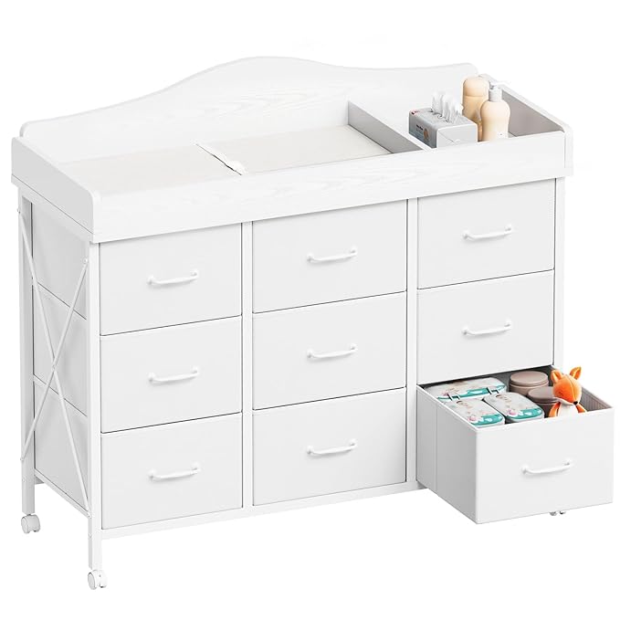 Baby Changing Table with 9 Fabric Drawers, Waterproof Diaper Changing Station & Pad, Mobile Nursery Diaper Changing Table, Baby Furniture, Bedroom, White