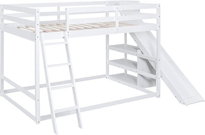 Full Over Full Bunk Bed with Ladder, Wooden Bunk Bed Frame with Slide and Shelves, Low Bunk Bed for Kids Teens Adult, Space-Saving Bedroom Dormitory Furniture (White + Pine-05)