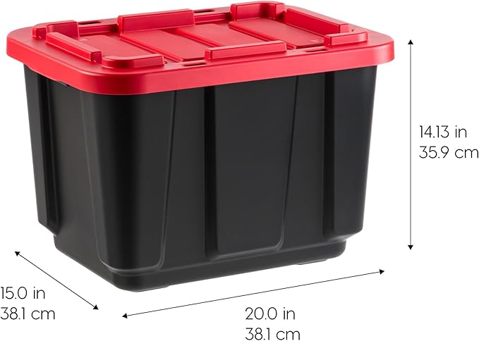 IRIS USA 4-Pack 12 Gallon Storage Bins with Lids |Made in USA| Heavy Duty Plastic Tote Containers for Truckbed Tool Box Organization, Large - Red