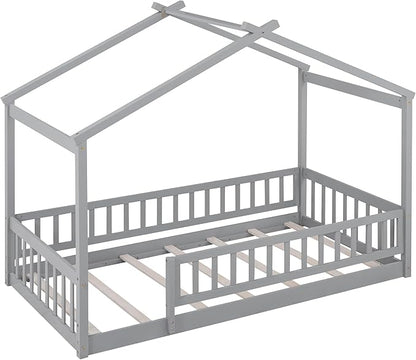 Merax Twin Size Wooden House Bed with Fence, Wood Bed Frame with Roof and Safety Guardrail for Kids, Teens, Boys or Girls, Gray