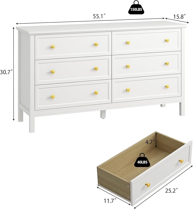 CARPETNAL White Dresser for Bedroom, 55 Inch 6 Drawer Dresser with Wide Drawer and Gold Handles, Woode Dressers & Chests of Drawers for Hallway, Entryway.