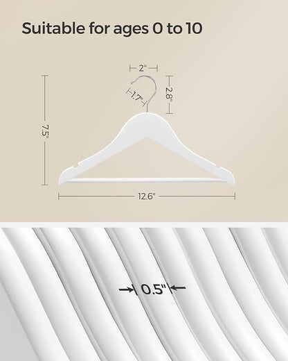 SONGMICS Kids Wooden Hangers 20 Pack, Solid Wood Baby Hangers, Children's Coat Hangers with Pants Bar, Shoulder Notches, Swivel Hooks, 12.6 x 7.5 Inches, White and Silver UCRW006W20