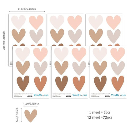Boho Wall Decal for Girls Bedroom 72 PCS, Boho Heart Wall Stickers Peel and Stick for Nursery Kids Room Décor, Removable Wall Decals Vinyl Murals DIY Cute Decorations (12 Sheets)