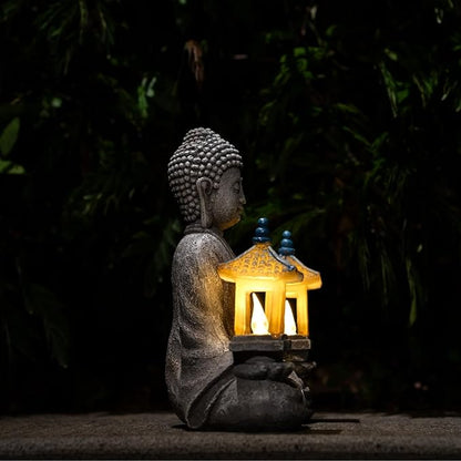 Meditating Buddha Statue with Solar Lights, Zen Garden Decor for Home, Patio, Yard, Outdoor – Unique Gift for Women and Friends(Two Pavilions)