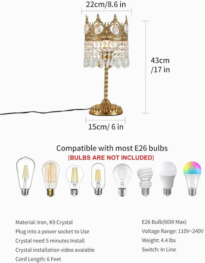 Vintage Gold Crown Shape Crystal Table Lamp