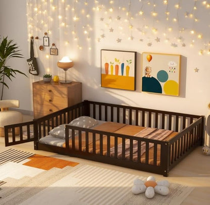 Bellemave Full Size Floor Bed for Kids, Girls, Boys, Rubber Wood Floor Bed with slats and Door, Espresso