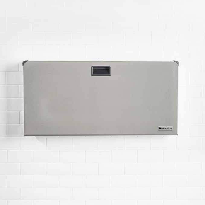 Foundations Stainless Steel Frameless Horizontal Baby Diaper Changing Station, Wall Mounted, Built in Liner Dispenser, Dual Bag Hooks (5410339)