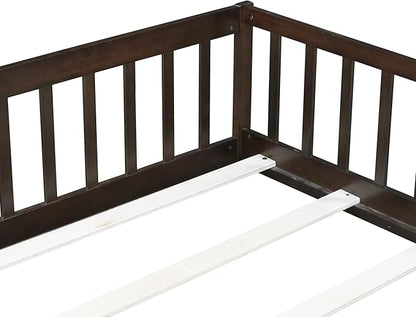 Bellemave Full Size Floor Bed for Kids, Girls, Boys, Rubber Wood Floor Bed with slats and Door, Espresso