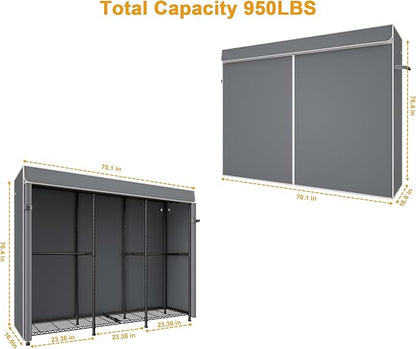 E14C Heavy Duty Closet Organizer System，Freestanding Clothing Racks for Hanging Clothes，Adjustable Garment Rack 70.1" W × 16.6" D × 76.4" H Hold 960 lbs，Black Rack with Grey Dustproof Cover