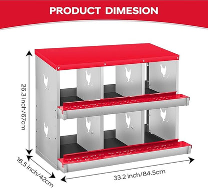 Nesting Boxes for Chickens, 6 Compartments, Nesting Boxes with 4 Dummy Eggs and 10 Dampproof Pets Mats, Red, Stainless Steel, Wall-Mountable & Roll Away Design