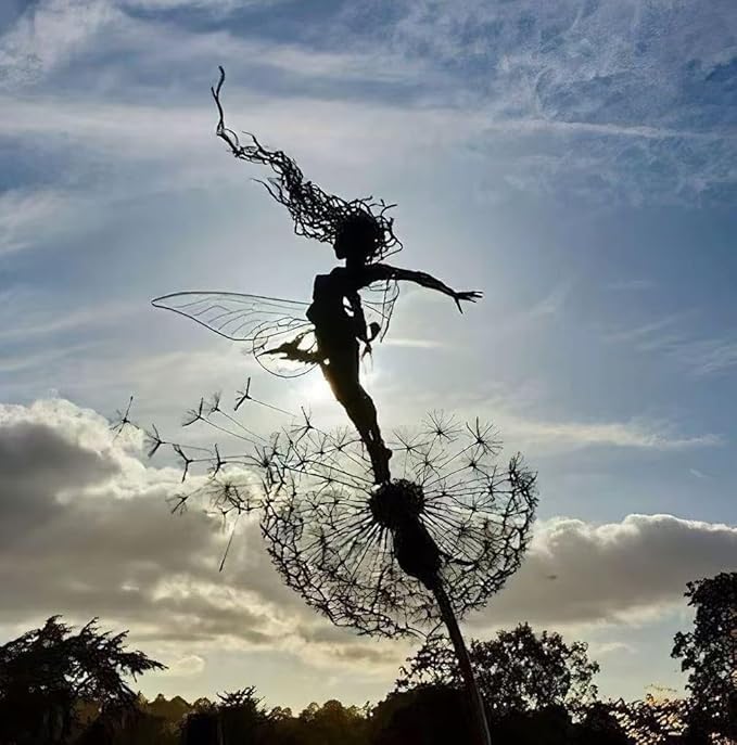 Flower Fairy Dancing with Dandelion, Art Sculpture Fairies for Fairy Garden, Angel Metal Ornaments Gardens Art Sculpture, Outdoor Decorations for The Courtyard, Christmas and Halloween Lawn (G)