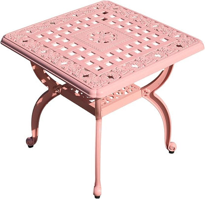 Cast Aluminum Outdoor Side Table,Small Patio Table,Outdoor Coffee Tables for Patio,Garden,Balcony, for All Weather (Pink, Square)