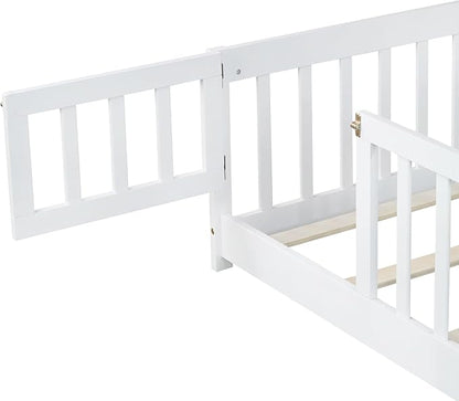 Bellemave Twin Size Floor Bed for Kids, Girls, Boys, Rubber Wood Floor Bed with slats and Door, White