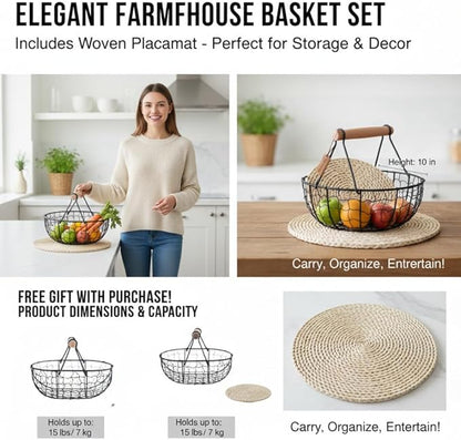 Kitchen Decor Chicken Egg Basket: Egg Basket for Gathering Fresh Eggs, Farmhouse Small Vintage Style Wire Fruit Bread Fresh Egg Holder Countertop, Egg Collecting Basket (Coffee)