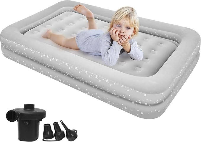 Air Mattress for Kids 4-7 Years - Toddler Travel Bed with Built-in Pump, Sides for Safety, Ultra Soft Plush Surface - Portable Kids Sleeping Pad for Camping, Hotels, Sleepovers & Grandparents' House