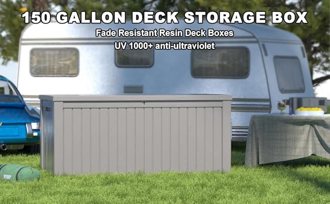 150 Gallon Outdoor Deck Box,Storage Lockable Waterproof Patio Furniture,Garden Tools,Cushions,Pool Accessories Outside Storage Resin Box(Grey)