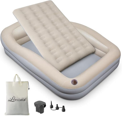 Inflatable Toddler Travel Bed – Portable Toddler Bed with Safety Bumpers, Toddler Floor Bed for Travel, Camping, Sleepovers – Kids Blow Up Bed with Pump & Carry Bag