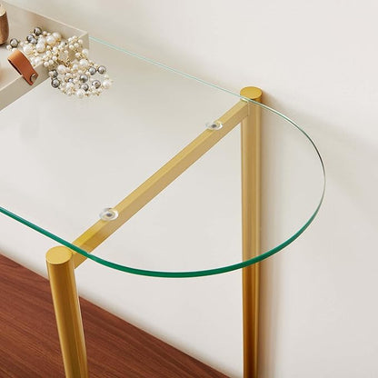 Oval Glass Console Table for Living Room, Foyer & Entrance, 2-Tiers Mid-Century Modern Sofa Table with Clear Glass Top, Walnut Finish Wood Shelf and Gold Finish Frame
