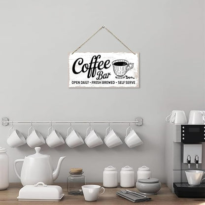 Coffee Bar Decor Sign, Fresh Brewed Coffee Bar Open Daily Self Serve, Hanging Decors for Kitchen Wall, Vintage Kitchen Decor, Cafe Decoration with Rope Hanging 12 x 6 Inches