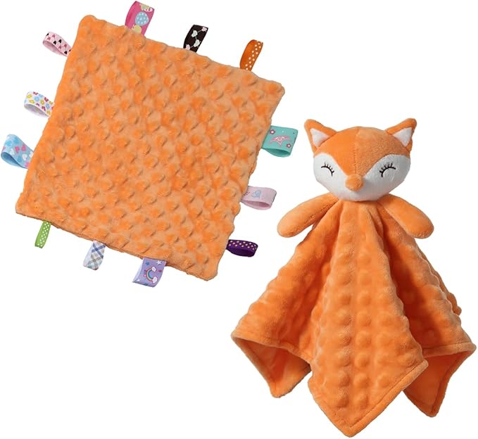 CREVENT Soft Plush Animal Face Security Blankets for Boys and Girls, Great Gifts for Birthday Baby Shower (Orange Fox Lovey +10"X10" Tag)