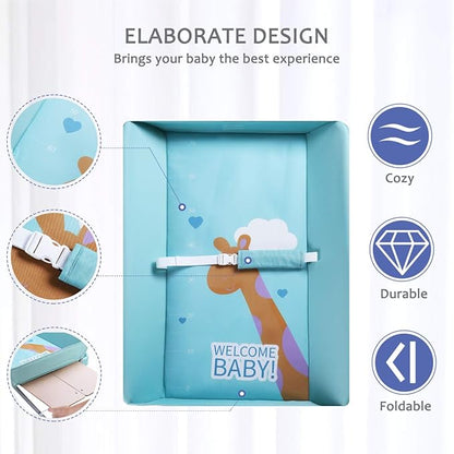 Baby Changing Table Portable Folding Diaper Changing Station with Wheels, Adjustable Height Mobile Nursery Organizer with Safety Belt and Large Storage Racks for Newborn Baby and Infant, Green