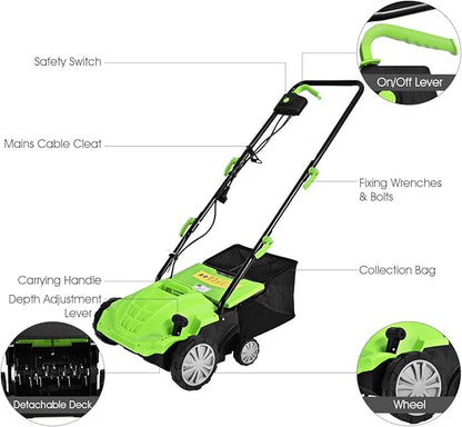 Goplus 2-in-1 Lawn Dethatcher and Scarifier, 3 Level Depth Adjustable Weeder w/ 11 Gallon Collection Bag & 2 Removable Blades, 13-Inch 12 Amp Corded Electric Scarifier for Garden & Yard