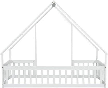 Bellemave Twin Floor Bed for Kids, Girls, Boys, Wood House Bed Frame, House Floor Bed for Kids, Twin Size Montessori Floor Bed with Fence, Playhouse, White