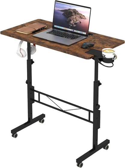 Hadulcet Small Standing Desk Adjustable Height, Rolling Desk for Standing or Sitting, Portable Computer Desk for Walking Pad, Rustic Brown