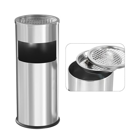 Trash Can Outdoor Waste Container Round Stainless Steel Trash Can with Removable Inner Bucket for Disposal Commercial Waste Container 9.8‘’ x 24‘’- Silver