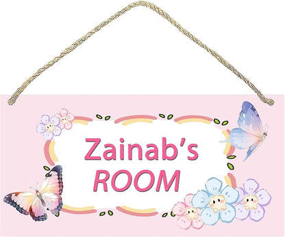 Personalized Name's Pretty Pink cartoon flower-butterfly Nursery Kid's Children's Girls Bedroom Door Sign Wood Plaque Sign Wall Decor Gift